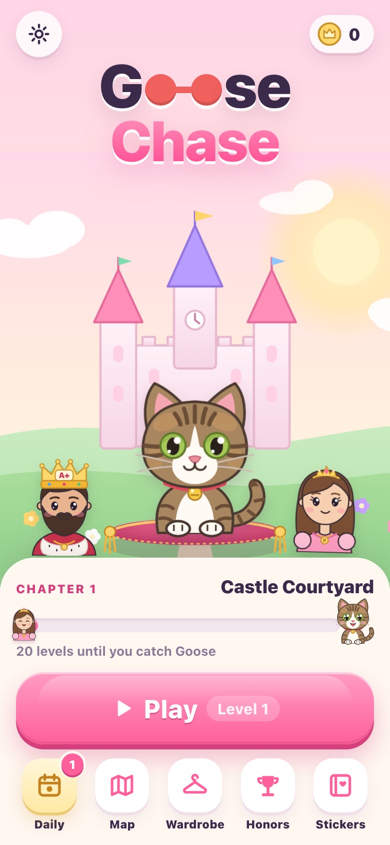goose chase’s home screen: the title over a pink castle, goose the brown tabby on a velvet cushion between king a+ and princess p, chapter 1 castle courtyard with 20 levels until you catch goose, a pink Play button for level 1, and Daily, Map, Wardrobe, Honors and Stickers tabs